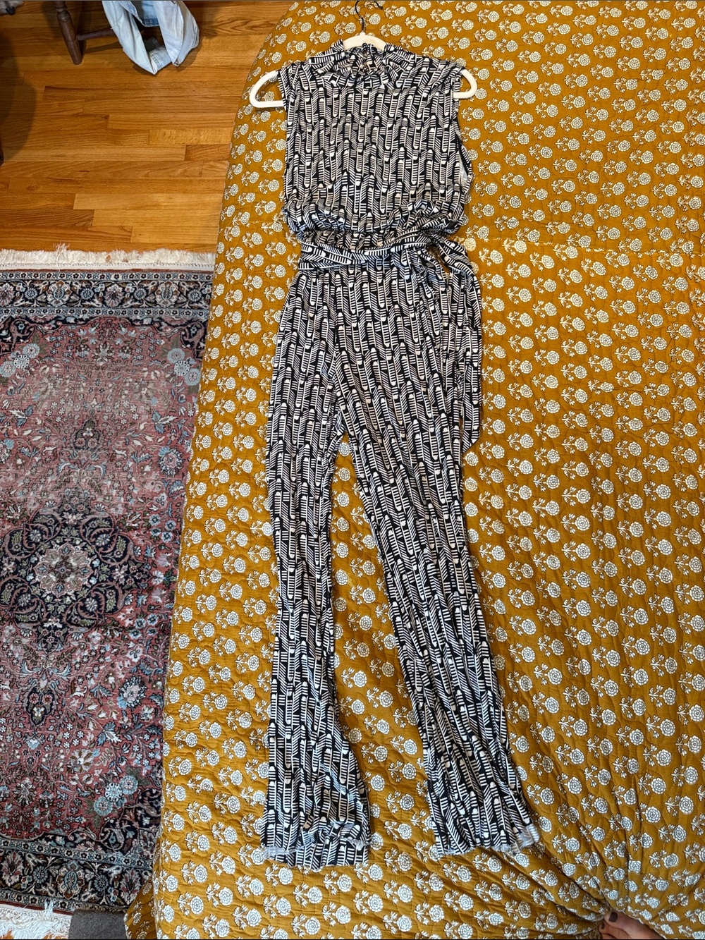Free People Black & White Sleeveless Printed Jumpsuit with Tie